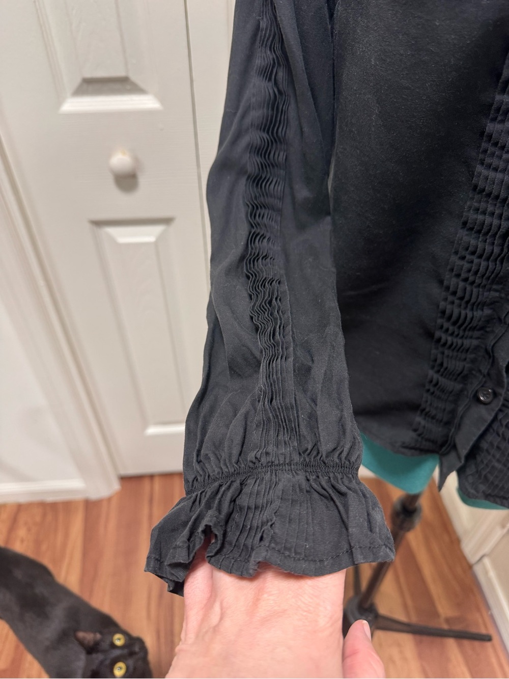 Black Ruffle-Neck Pintuck Button Front Blouse - Picture 3 of 8